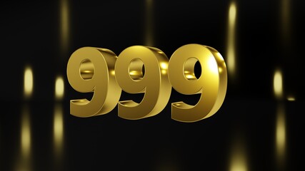 Number 999 in gold on black and gold background, isolated number 3d render