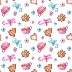 Watercolor gingerbread cookies, candy, hot chocolate seamless pattern on white background, winter holidays, holy spirit