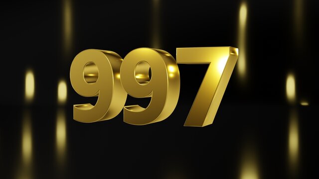 Number 997 in gold on black and gold background, isolated number 3d render