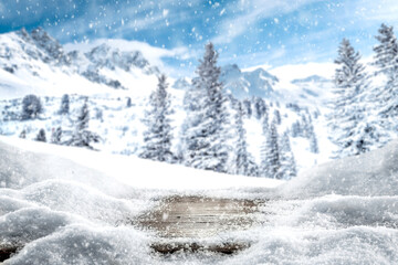 Winter landscape of mountains and desk of free space 