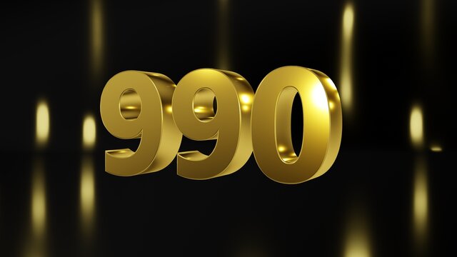 Number 990 in gold on black and gold background, isolated number 3d render