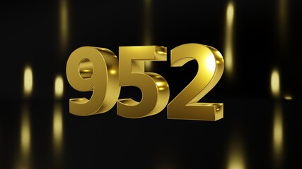 Number 952 in gold on black and gold background, isolated number 3d render