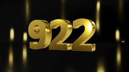 Number 922 in gold on black and gold background, isolated number 3d render