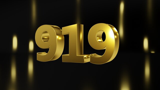 Number 919 in gold on black and gold background, isolated number 3d render