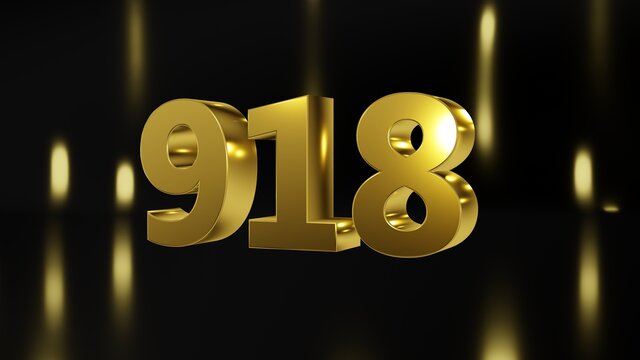 Number 918 in gold on black and gold background, isolated number 3d render