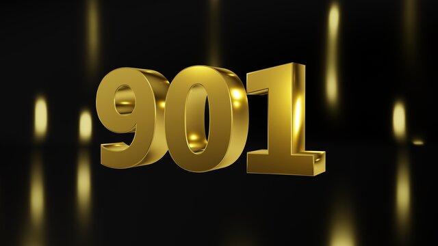 Number 901 in gold on black and gold background, isolated number 3d render