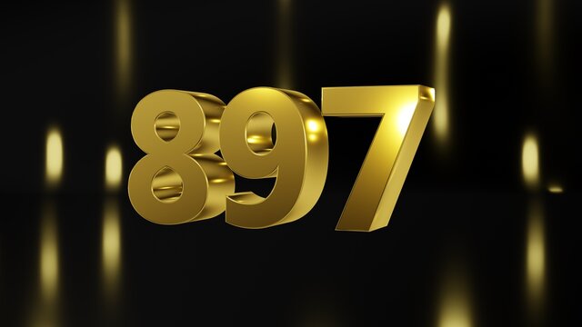 Number 897 in gold on black and gold background, isolated number 3d render