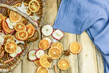 Weihnachtliche Dekoration mit Orangen und Apfelscheiben im Körbchen rustikal gestaltet