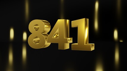 Number 841 in gold on black and gold background, isolated number 3d render