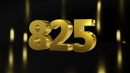 Number 825 in gold on black and gold background, isolated number 3d render