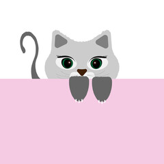 grey cat looks up from below, holding on with its paws. Cute friendly animal, playful pet. Vector illustration