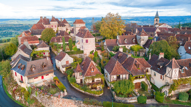 aerial view of medieval town in dordogne, France