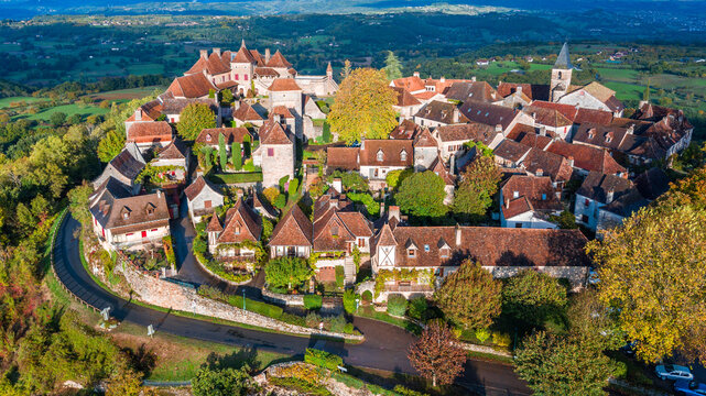 aerial view of medieval town in dordogne, France