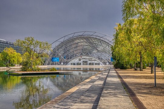 Leipzig, Germany-August 28,2019. View of the entrance area with the glass hall and the congress center of the trade fair grounds of Leipziger Messe, Leipzig Germany, taken from the forecourt