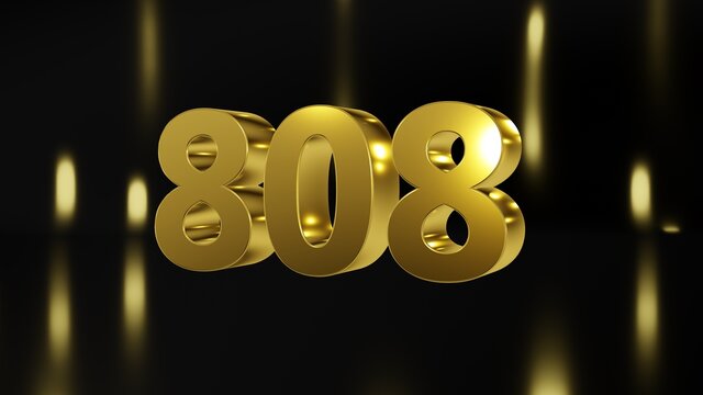 Number 808 in gold on black and gold background, isolated number 3d render