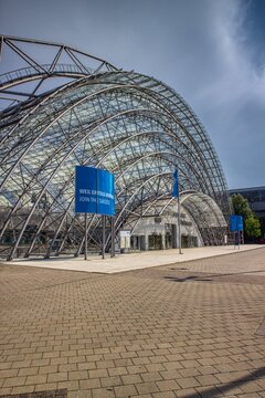 Leipzig, Germany-August 28,2019. View of the entrance area with the glass hall and the congress center of the trade fair grounds of Leipziger Messe, Leipzig Germany, 