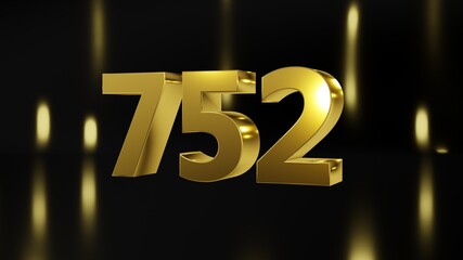 Number 752 in gold on black and gold background, isolated number 3d render