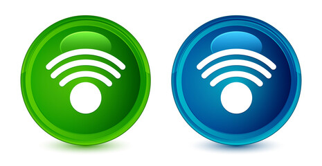 Wifi icon artistic shiny glossy blue and green round button set