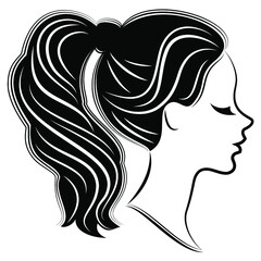 Silhouette of a profile of a sweet lady's head. A girl shows a female tail-hairstyle on medium and long hair. Suitable for logo, advertising. Vector illustration.