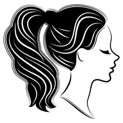 Silhouette of a profile of a sweet lady's head. A girl shows a female tail-hairstyle on medium and long hair. Suitable for logo, advertising. Vector illustration.