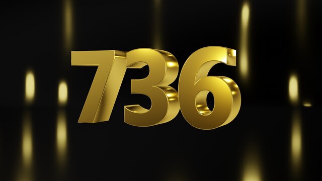 Number 736 in gold on black and gold background, isolated number 3d render
