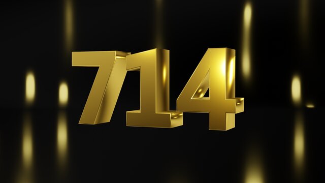 Number 714 in gold on black and gold background, isolated number 3d render