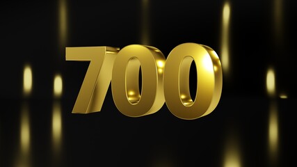 Number 700 in gold on black and gold background, isolated number 3d render