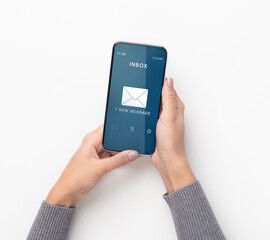 Email Message Notification On Smartphone, Unrecognizable Woman Texting, White Background