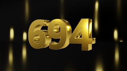 Number 694 in gold on black and gold background, isolated number 3d render