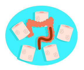 Intestines and toilet paper on a blue background. Vector illustration.