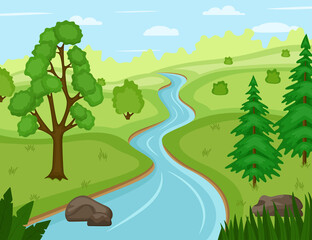 Beautiful nature landscape with river, vector illustration