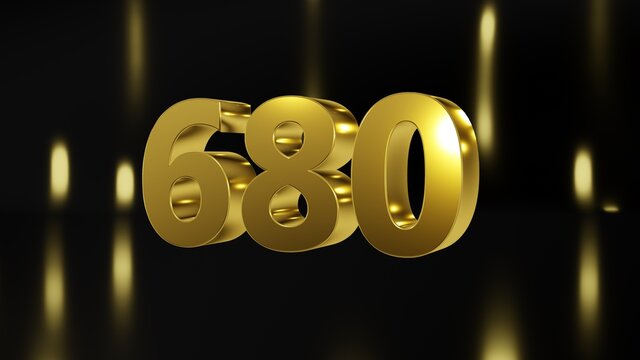 Number 680 in gold on black and gold background, isolated number 3d render