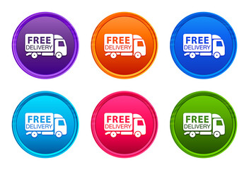 Free delivery truck icon luxury bright round button set 6 color vector