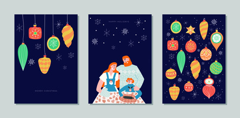 Hand drawn vector Merry Christmas and Happy New Year cards collection set with cute illustrations, happy family baking ginger cookies; vintage christmas tree decoration