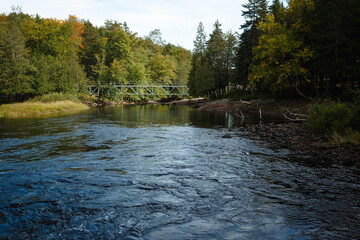 river in the woods, bridge crossing for hikers. Black river in the regional park, Canada. Rivi&egrave;re dans la for&ecirc;t avec passerelle pour marcheurs