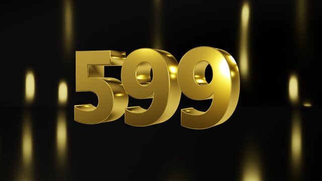Number 599 in gold on black and gold background, isolated number 3d render