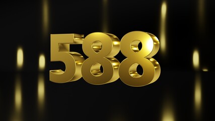 Number 588 in gold on black and gold background, isolated number 3d render