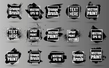 Grunge backgrounds set. Brush black paint ink stroke over square frame. Vector illustration