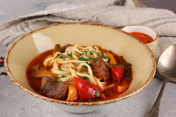 The Eastern cuisine. Uzbek soup. Lagman with lamb, noodles, vegetables, sauce, chili pepper, herbs and spoon on gray background. Background image, copy space. Restaurant, menu.