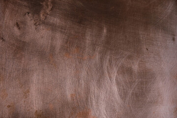 Copper plate with scratches and mechanical defects. Copy space. 