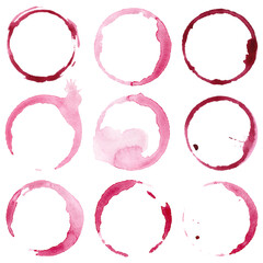 Watercolor red wine stains set on paper isolated on white background