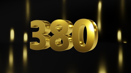 Number 380 in gold on black and gold background, isolated number 3d render