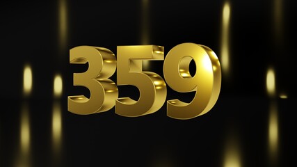 Number 359 in gold on black and gold background, isolated number 3d render