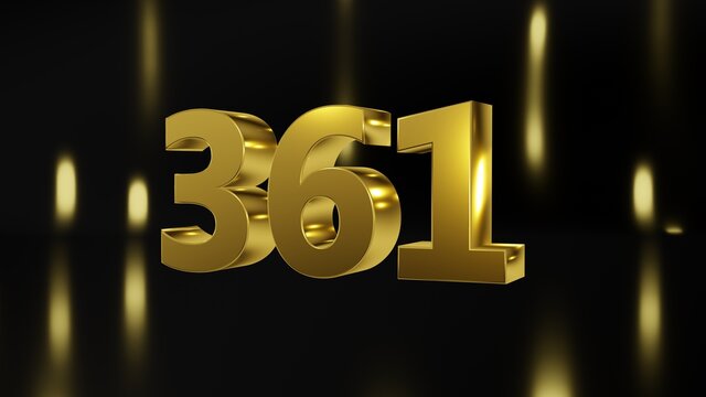 Number 361 in gold on black and gold background, isolated number 3d render