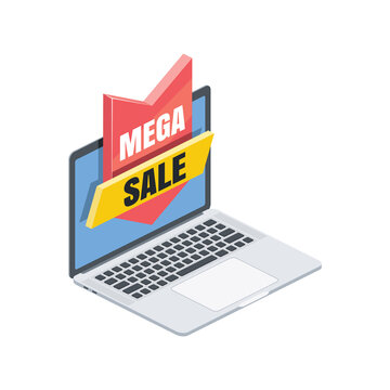 Mega sale label laptop. Vector 3d isometric, color web icons set, new flat style. Creative illustration, idea for infographics.
