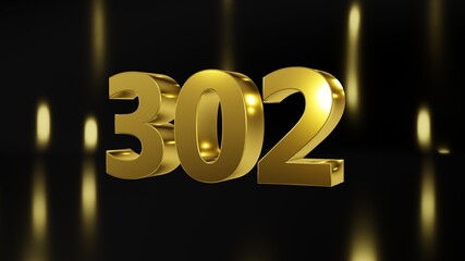 Number 302 in gold on black and gold background, isolated number 3d render