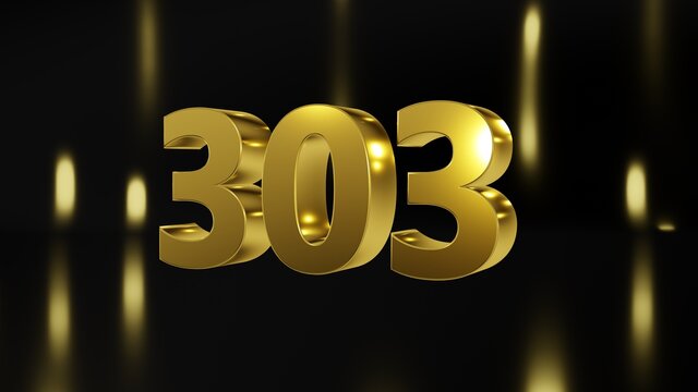 Number 303 in gold on black and gold background, isolated number 3d render