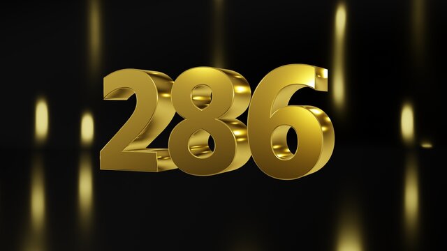 Number 286 in gold on black and gold background, isolated number 3d render