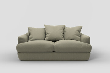 Grey couch with pillows on studio white background.