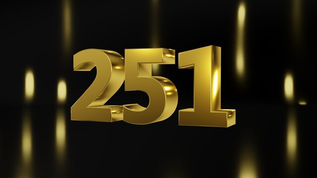 Number 251 in gold on black and gold background, isolated number 3d render